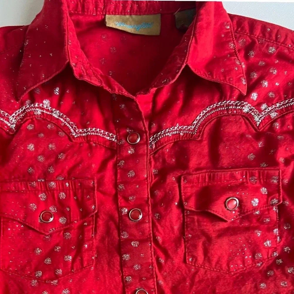Wrangler Girls Red Silver Metallic Foil Dot Western Snap Shirt XS 4